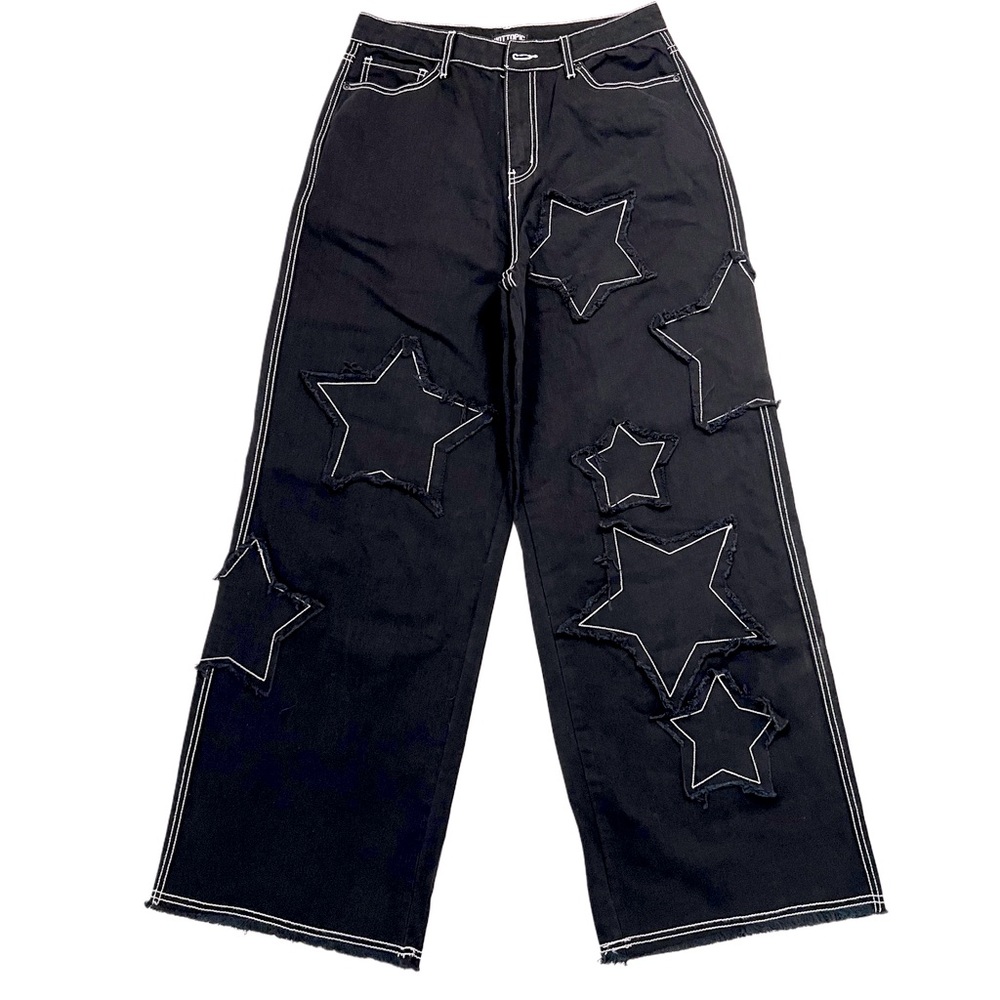 NWT NEW Hot Topic Black Wide leg Jeans Stars Y2K Patches Junior 11 L - Picture 6 of 8